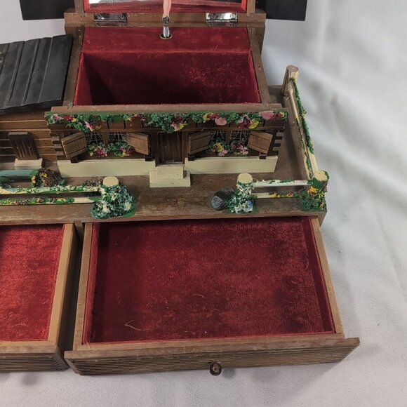 Vintage Japanese Cottage Music Box Trinket Jewelry Brown Wood Large Ballerina - Picture 6 of 16